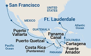 16-Day Panama Canal - Ocean to Ocean Itinerary Map